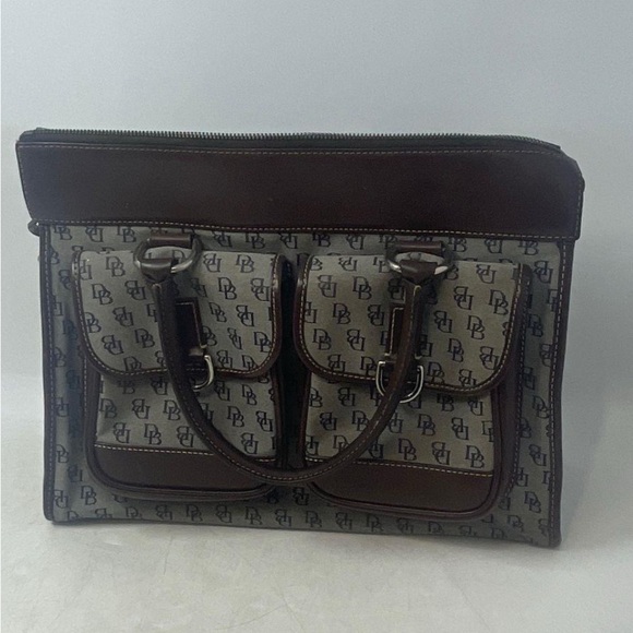 Vintage Dooney & Bourke Double Pocket Two Tone DB Monogram Brown Tan Tote Bag - Picture 1 of 6